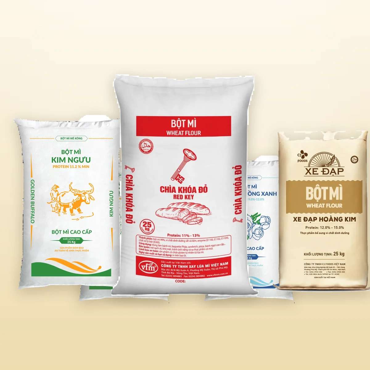 Các dòng bột mì chính hãng Hoàng Lê Gia phân phối: Chìa Khóa Đỏ, Kim Ngưu, Xe Đạp Hoàng Kim, Cây Tre, 3 Bông Hồng Xanh